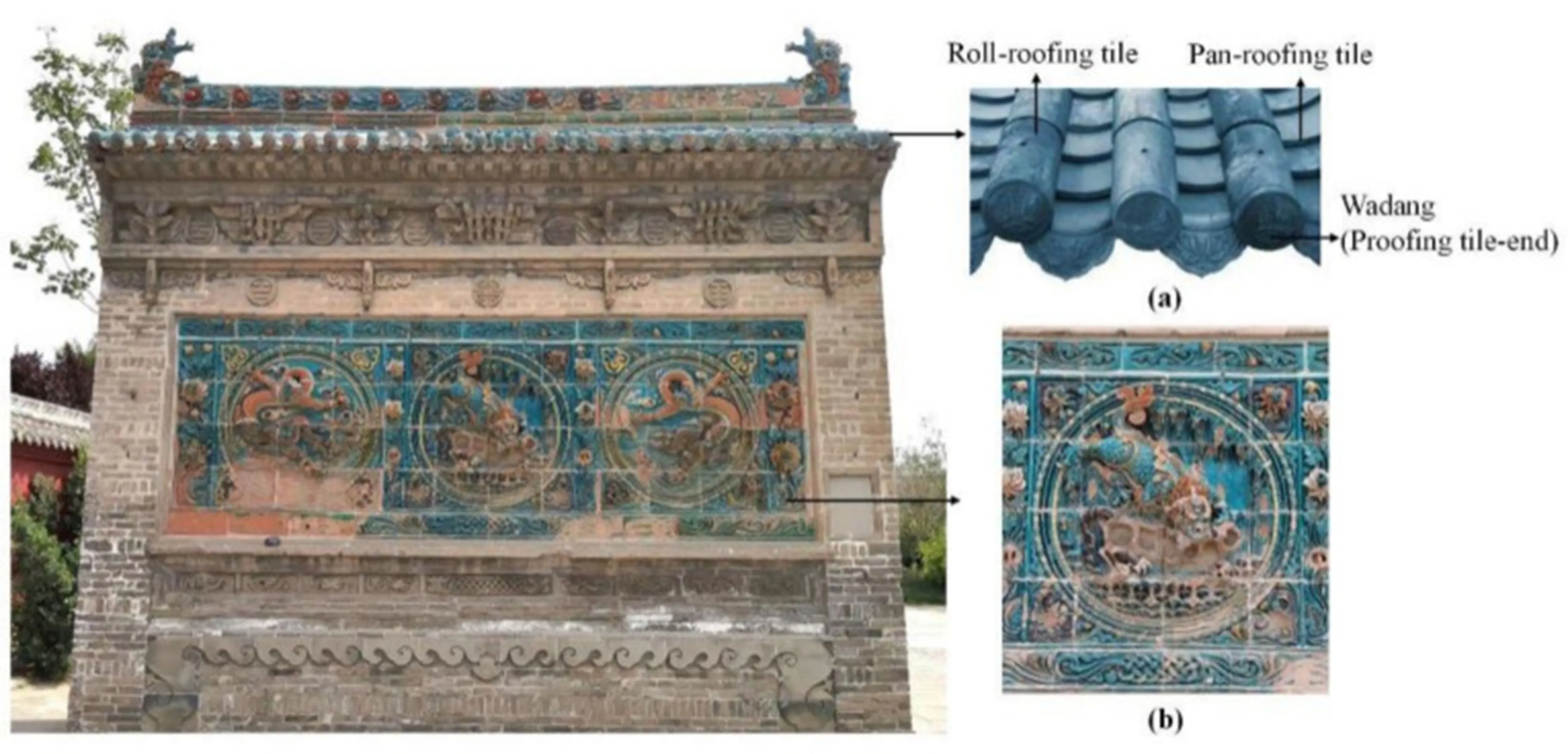 Glazed tiles on a roof and screen wall in ancient China