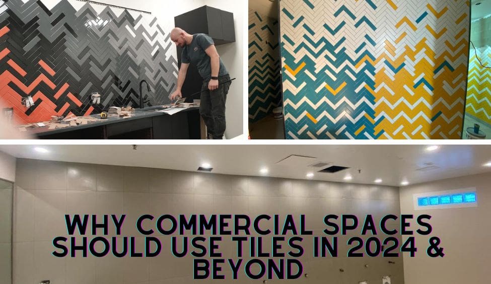 collage of three images showing finished tile installation in commercial spaces